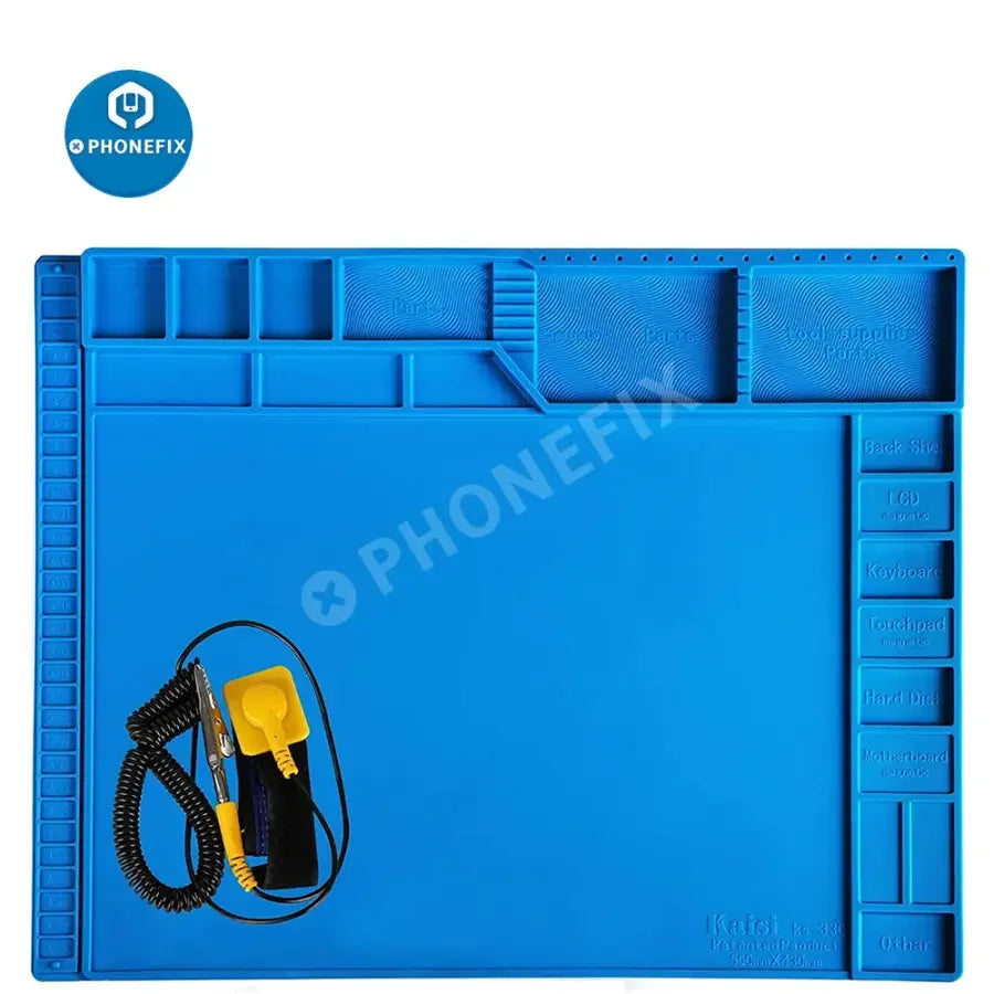Silicone soldering mat with magnetic work parts for phone repair, featuring a flexible surface and organized tool placement.