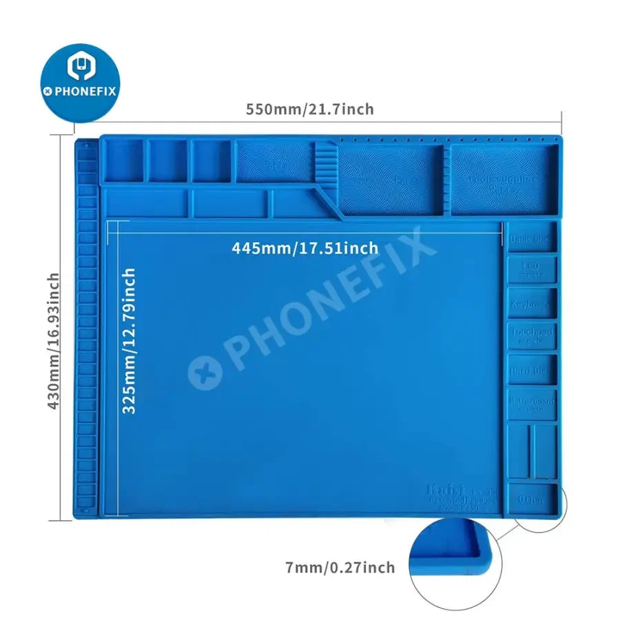 Silicone soldering mat with magnetic work parts for phone repair, featuring a non-slip surface and organized workspace from PHONEFIX.
