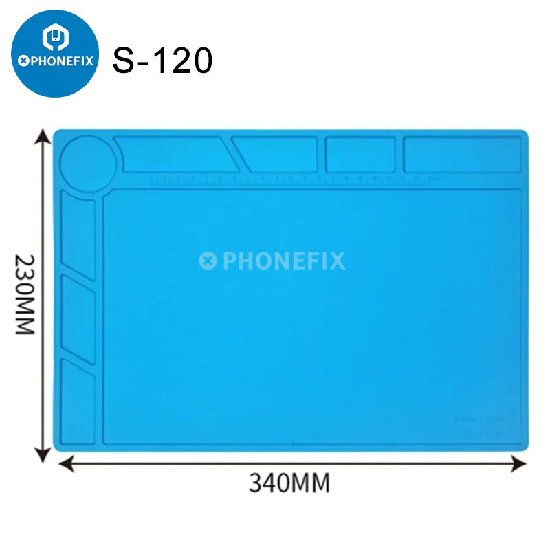 Silicone soldering mat with magnetic work parts for phone repair, featuring organized compartments and a heat-resistant surface by PHONEFIX.