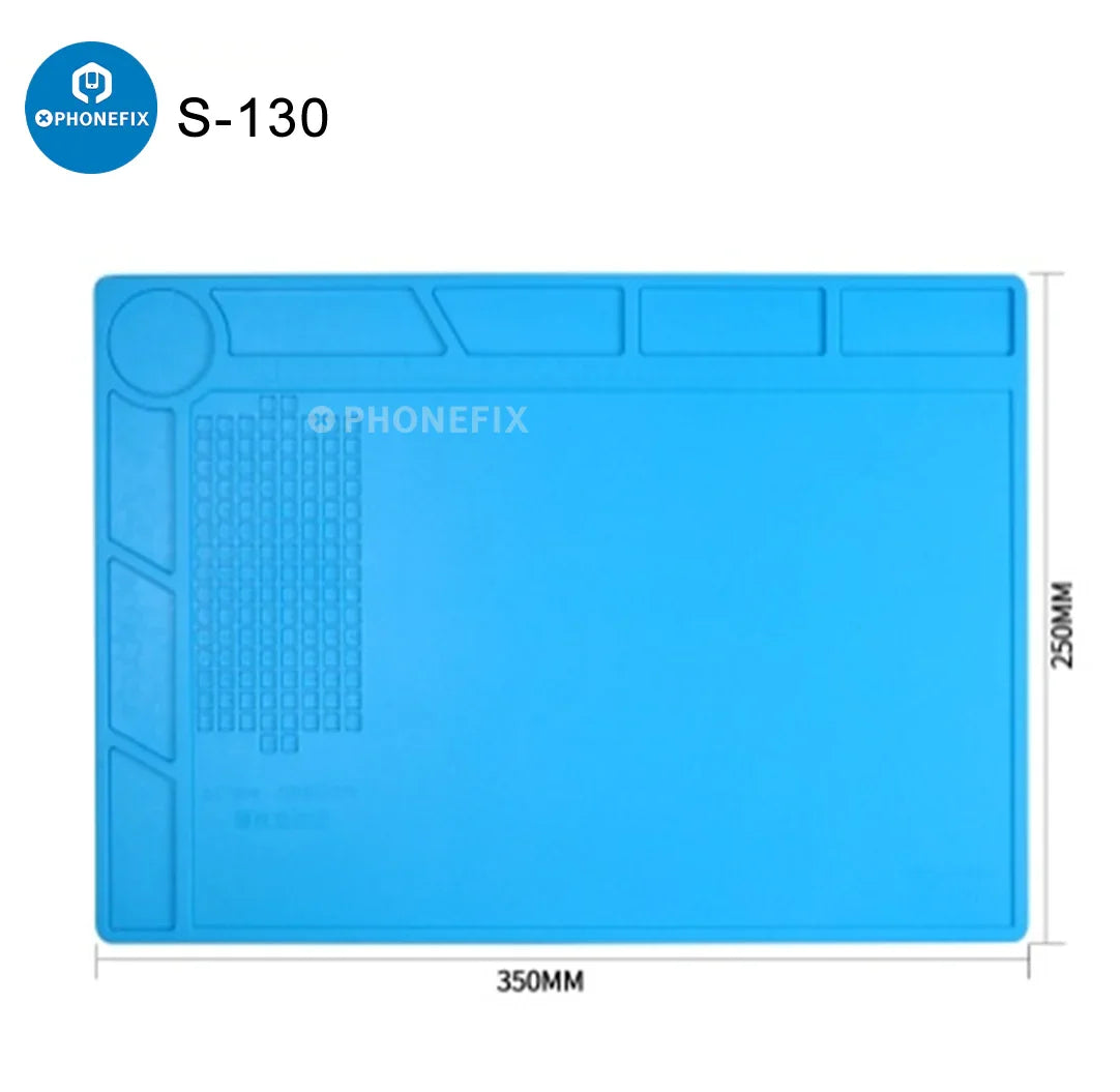 Silicone soldering mat with magnetic work parts for phone repair, featuring organized compartments and heat-resistant surface by PHONEFIX.