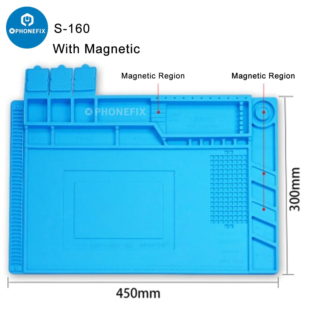 Silicone soldering mat with magnetic work parts for phone repair, featuring organized compartments and anti-slip surface.