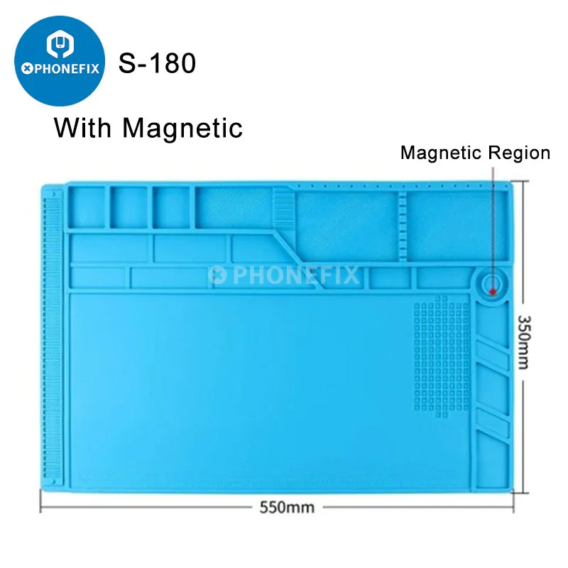 Silicone soldering mat with magnetic work parts for phone repair by PHONEFIX, featuring organized compartments and heat-resistant surface.