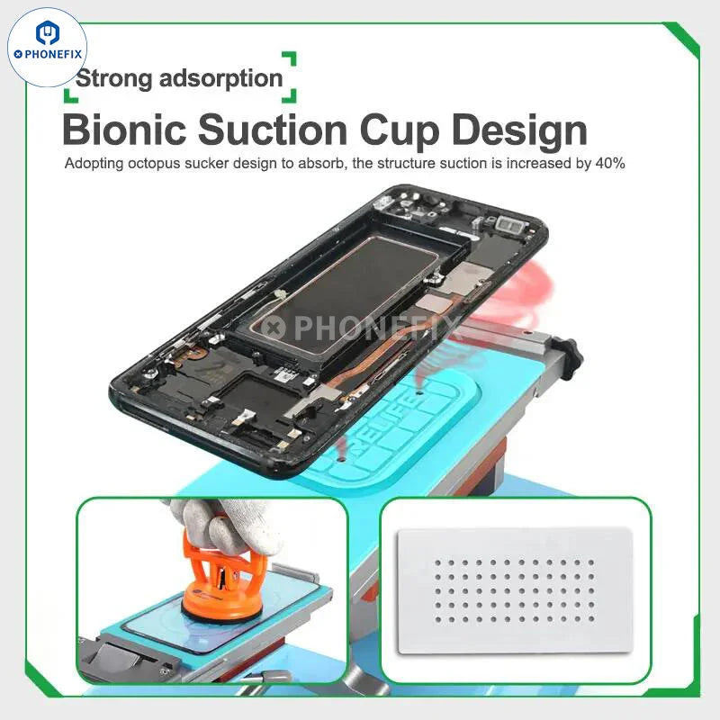 PHONEFIX SS-004S universal suction silicone pad for mobile phone LCD separator, shown on soldering mat with suction cup and silicone surface.