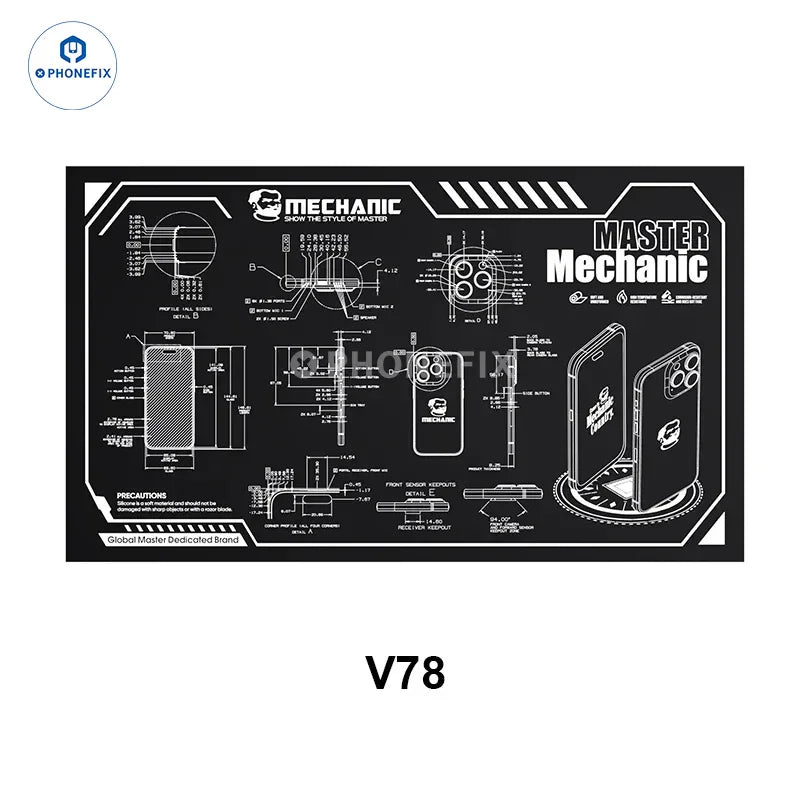 PhoneFix V77/V78 heat insulation soldering repair work mat with non-slip surface and heat-resistant design for electronic repairs.