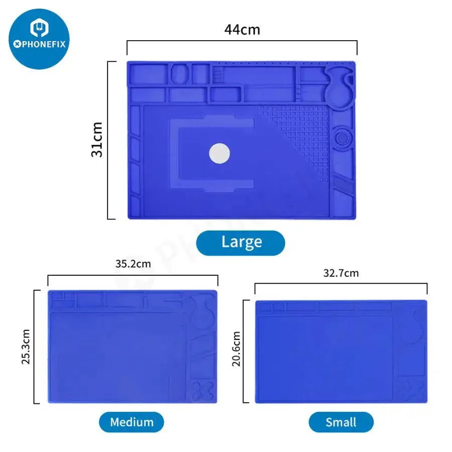 Heat-resistant silicone soldering mat with magnetic heat insulation pad by PHONEFIX, ideal for electronics work and heat protection.