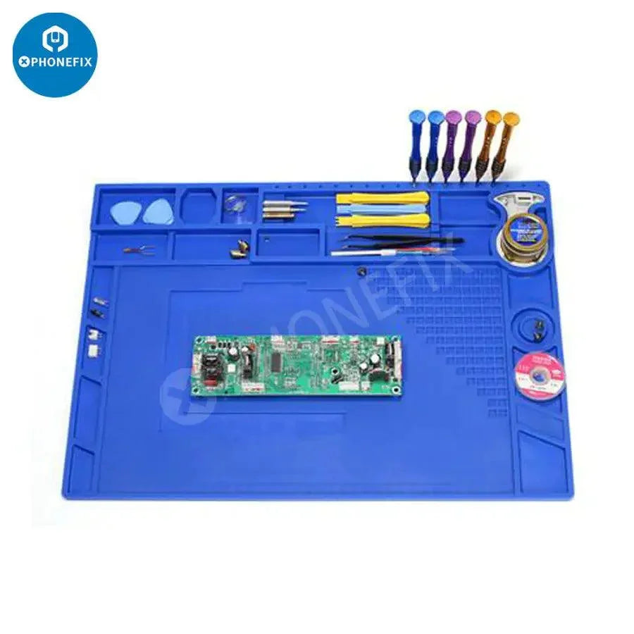 Heat-resistant silicone soldering mat with magnetic heat insulation pad by PHONEFIX, ideal for safe electronic work.