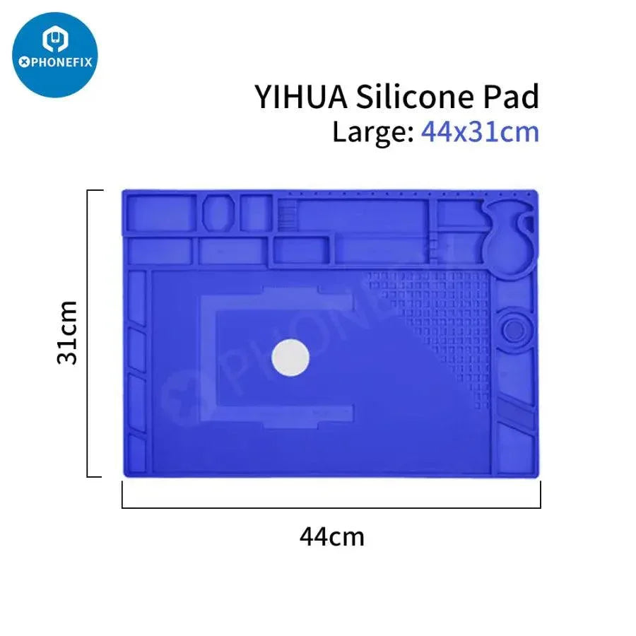 Heat-resistant silicone soldering mat with magnetic heat insulation pad by PHONEFIX, ideal for electronics work and heat protection.