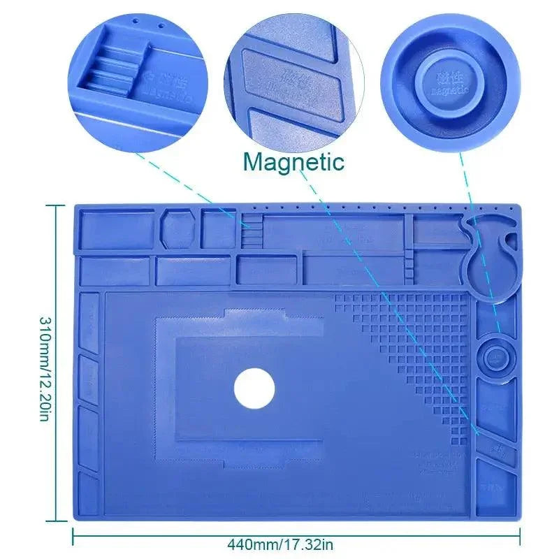 Heat-resistant silicone soldering mat with magnetic heat insulation pad by PHONEFIX, ideal for electronics work and soldering tasks.