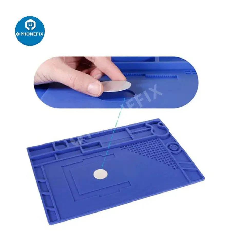 Heat-resistant silicone soldering mat with magnetic heat insulation pad by PHONEFIX, ideal for electronic work and heat protection.