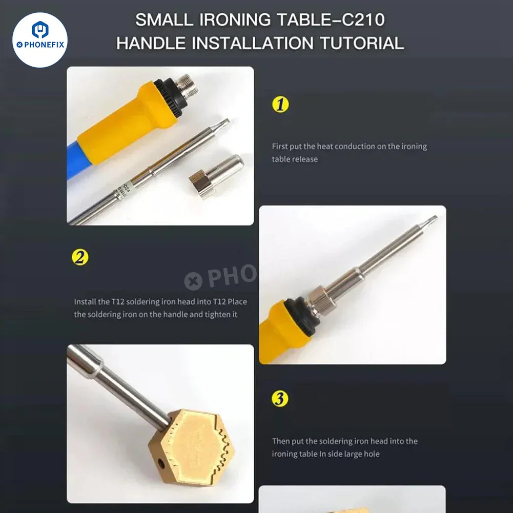 Pointes et buses de fer à souder PhoneFix MECHANIC 900M-T-C9+ sur table chauffante, y compris les modèles T12 C210 C245 pour la réparation électronique.