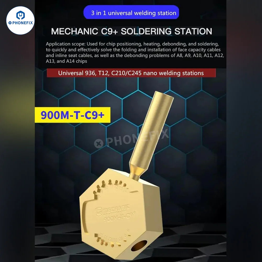 Embouts et buses de soudage PhoneFix MECHANIC 900M-T-C9+ pour fers à souder T12 C210 C245, présentés sur une table chauffante.