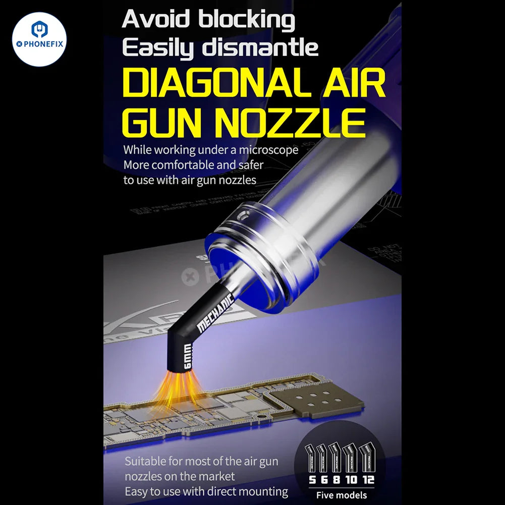 Set of five PHONEFIX Mechanic 861 diagonal air gun nozzles in 5, 6, 8, 10, and 12mm for soldering and air tools.