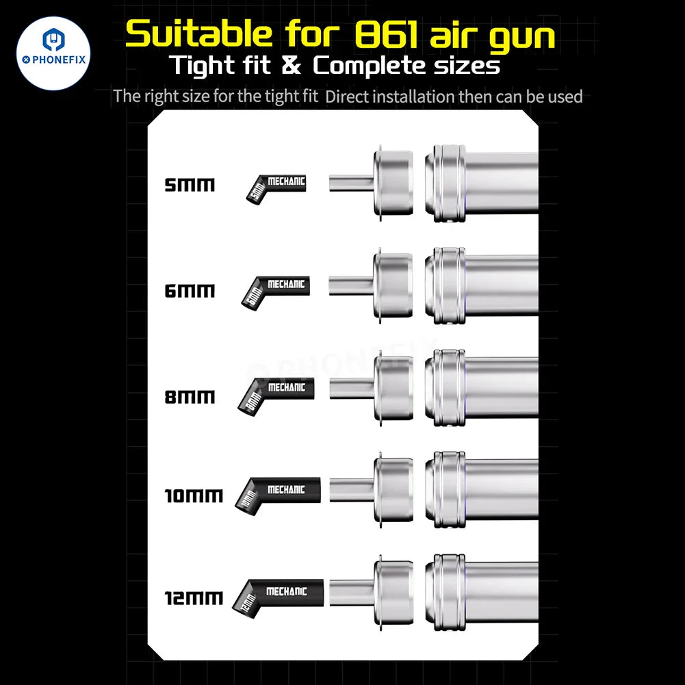 Set of five PHONEFIX Mechanic 861 diagonal air gun nozzles in 5, 6, 8, 10, 12mm for soldering and air tool applications.