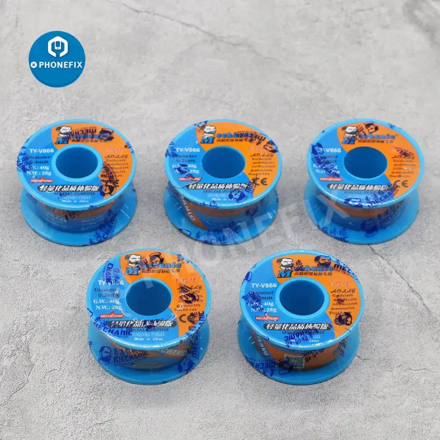 PhoneFix mechanic soldering wire in 0.2-0.8mm size, BGA rosin liquid welding repair soldering wire, 40g spool, for electronic repairs.