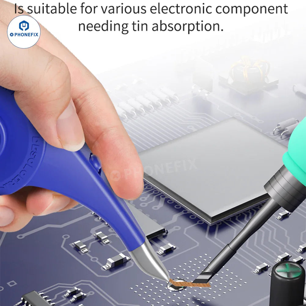 PHONEFIX SR20 Desoldering Soldering Wire with anti-hot dispenser and tin suction wick for electronics repair and desoldering.