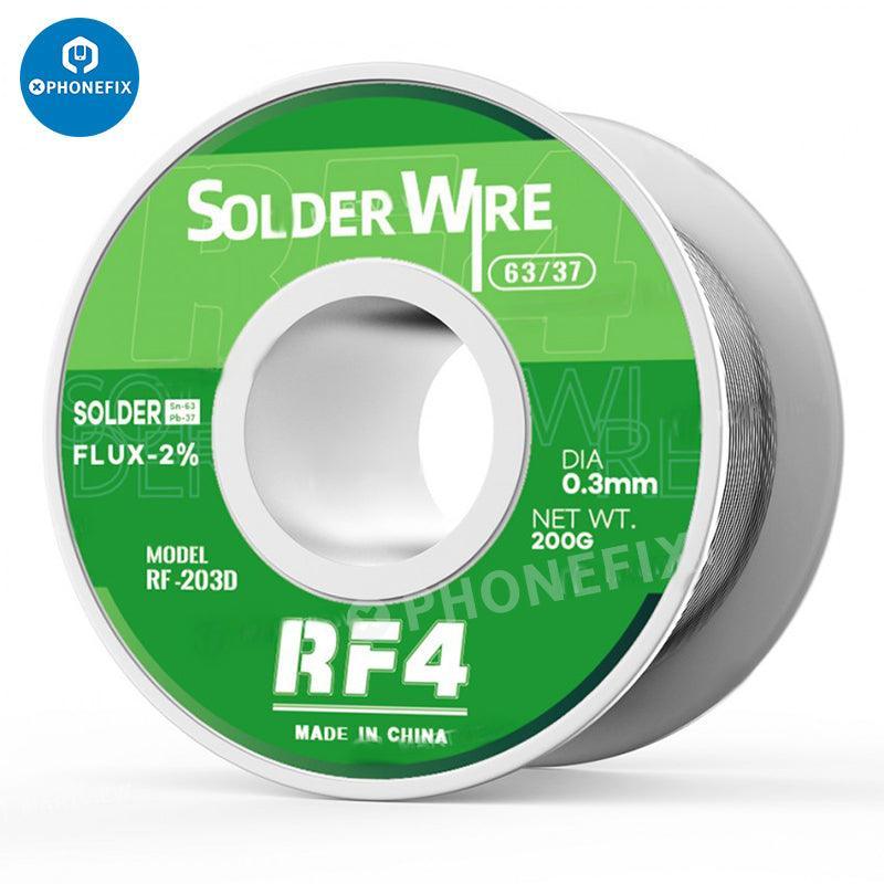 PhoneFix RF4 0.3-1.0mm Sn63% rosin core tin solder wire for phone BGA repair, shown in 100g spool with flexible diameter.
