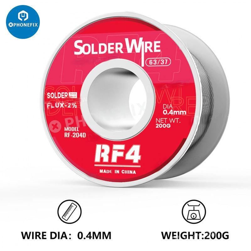 PhoneFix RF4 0.3-1.0mm Sn63% rosin core tin solder wire for phone BGA repair, shown in 100g spool with close-up of wire.
