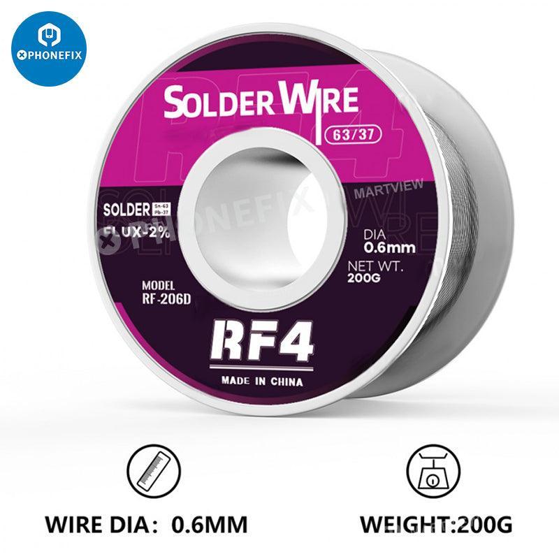 PhoneFix RF4 0.3-1.0mm rosin core tin soldering wire for phone BGA repair, with spool and detailed labeling.