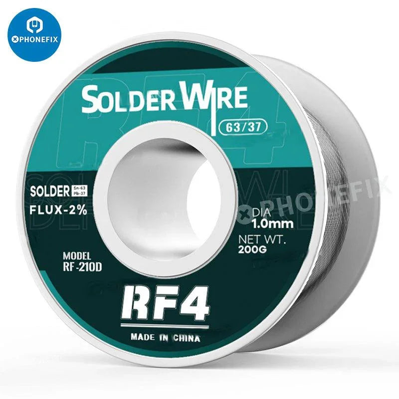 PhoneFix RF4 0.3-1.0mm Sn63% rosin core tin solder wire for phone BGA repair, 100g spool, flexible and ideal for precise soldering.
