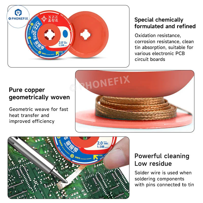 Desoldering wire cleaning pure copper braid solder wick for electronics repair, ideal for removing solder from circuit boards.