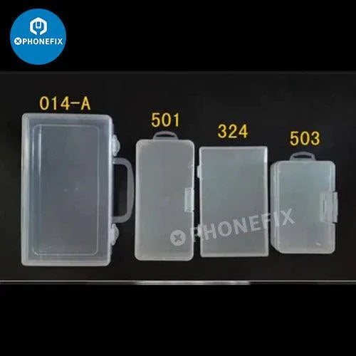 Plastic storage box for phone repair hardware accessories, by PHONEFIX, with compartments for organizing small repair tools.