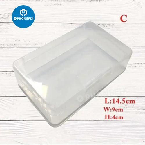 Plastic storage box from PHONEFIX holding hardware accessories for phone repair, with multiple small compartments for organization.