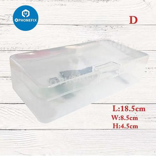 Plastic storage box for phone repair hardware accessories, durable container from PHONEFIX for organizing small parts.