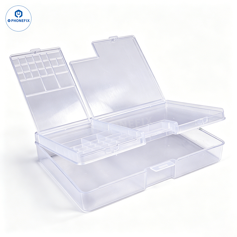 Double-layer PVC storage box for phone IC repair parts, designed by PHONEFIX, showing organized compartments for electronic components.