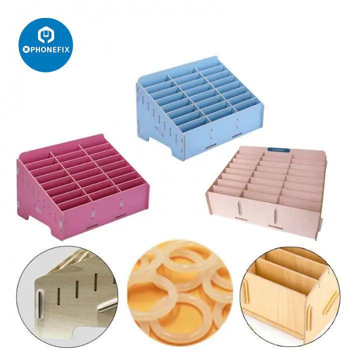 Wooden desktop storage box from PHONEFIX for phone motherboard display tool, with compartments for organizing small components.