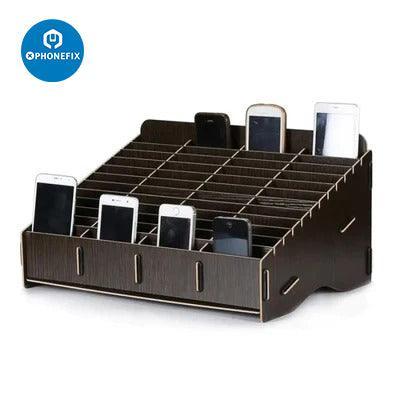 Wooden desktop storage box for phone motherboard display tool by PHONEFIX, featuring compartments for organizing phone repair components.