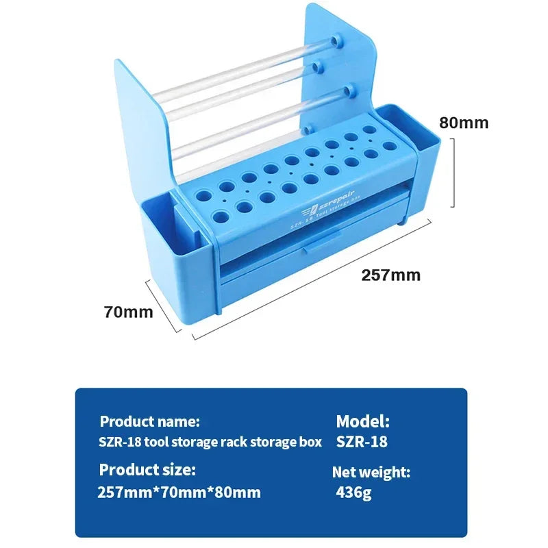 Support de rangement pour tournevis rotatif PHONEFIX 360 degrés 2UUL dans une boîte de rangement à outils compacte avec plusieurs compartiments.