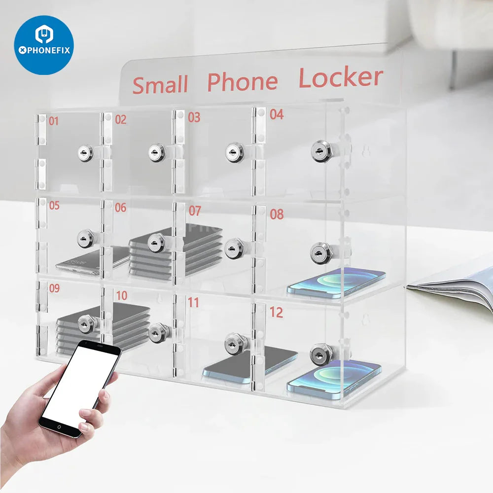 Waterproof acrylic storage box by PHONEFIX with 12 small compartments for organizing mobile phones and small devices