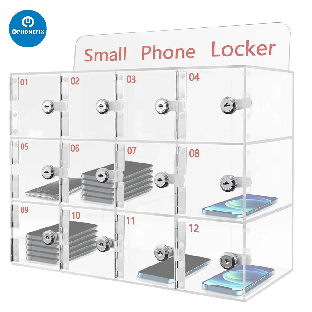 Waterproof acrylic storage box for mobile phones with 12 slots, designed by PHONEFIX for secure device organization.