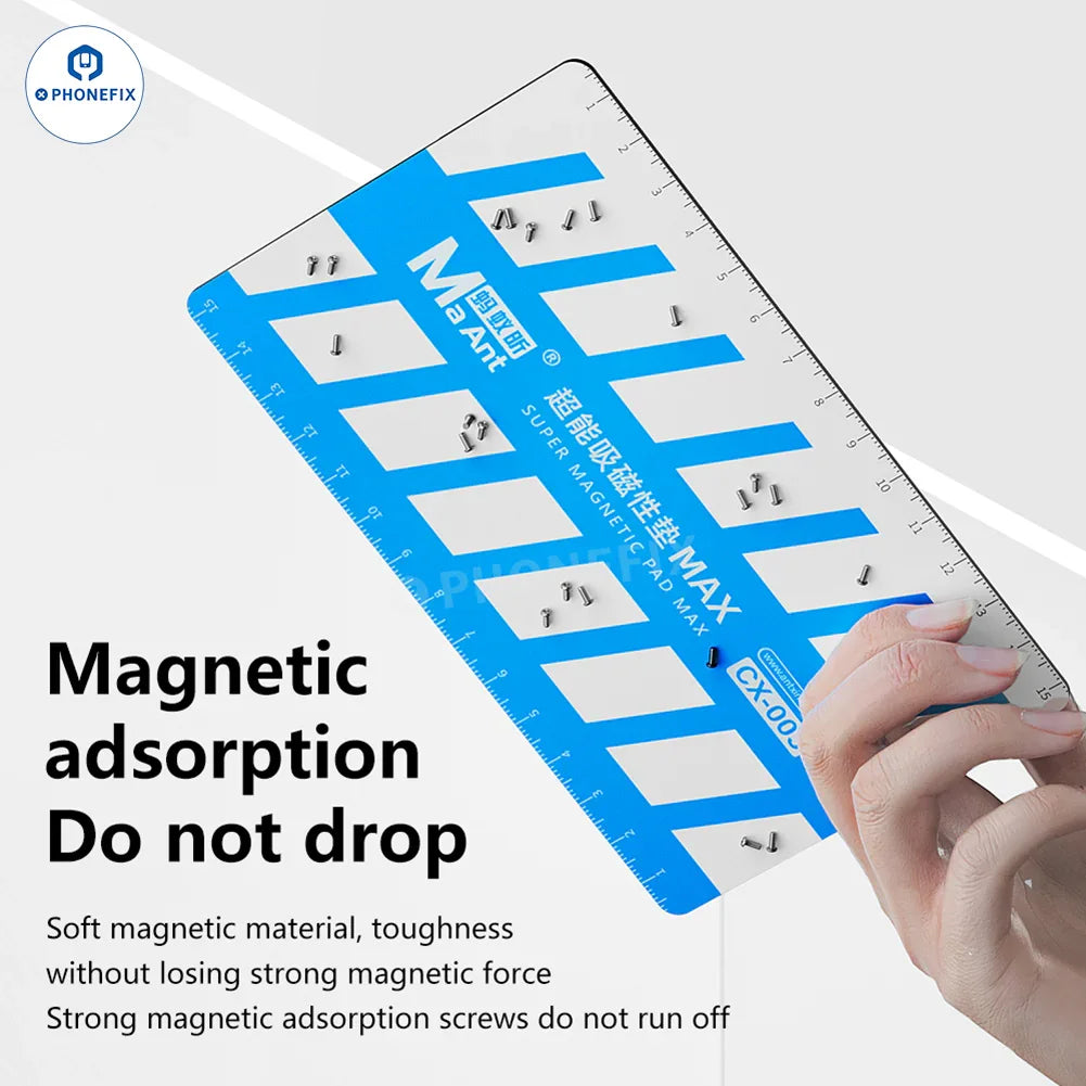 PHONEFIX MaAnt CX-003 Super Magnetic Pad Screw Storage Ruler in a compact storage box with magnetic screw compartments.