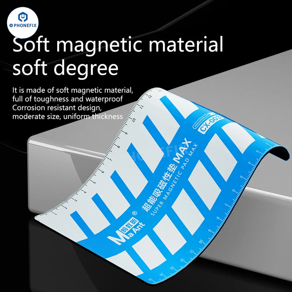 PhoneFix MaAnt CX-003 magnetic screw storage pad and measuring ruler in a compact storage box with clear lid.