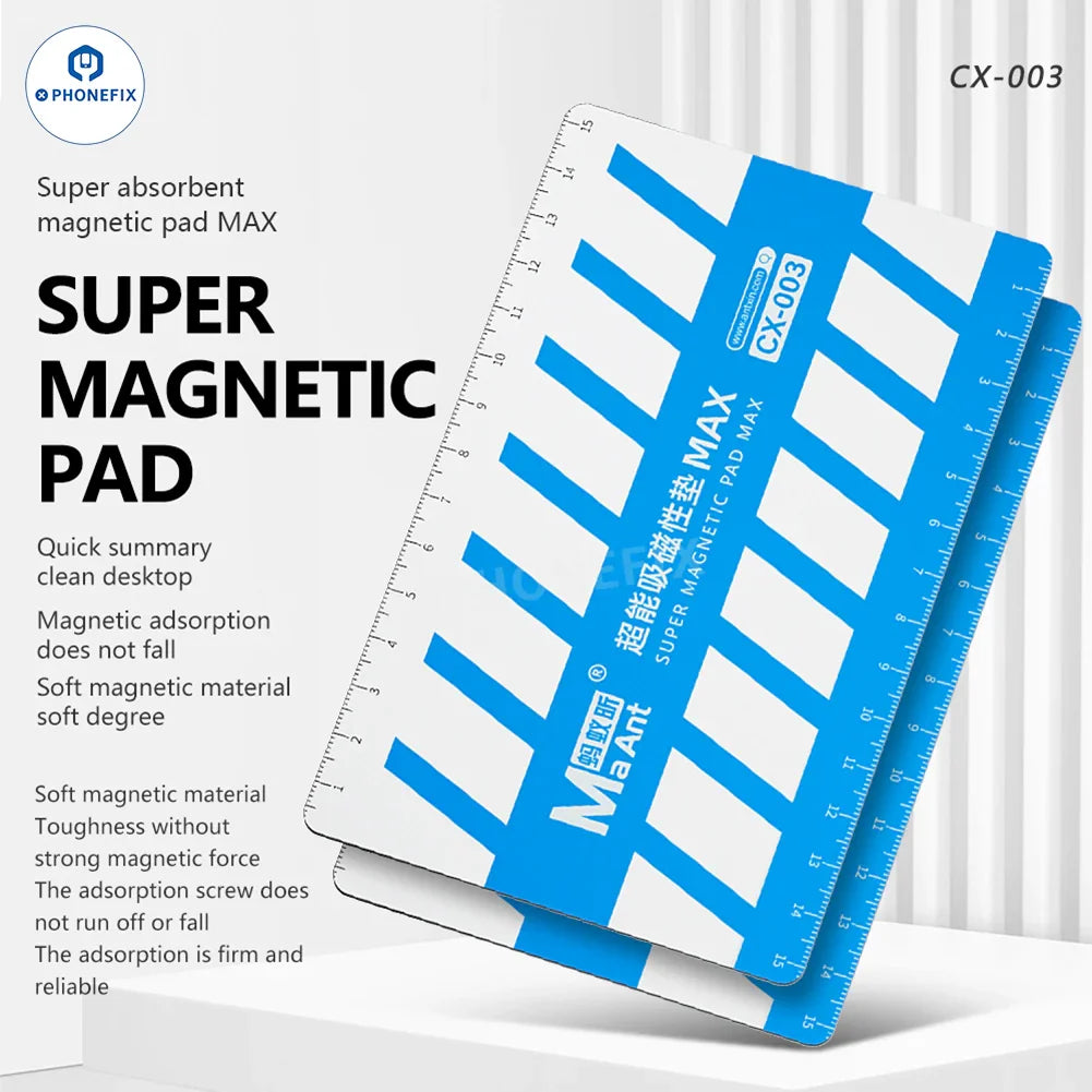PHONEFIX MaAnt CX-003 Super Magnetic Pad Screw Storage Ruler in a compact metal storage box with a measuring scale on the lid
