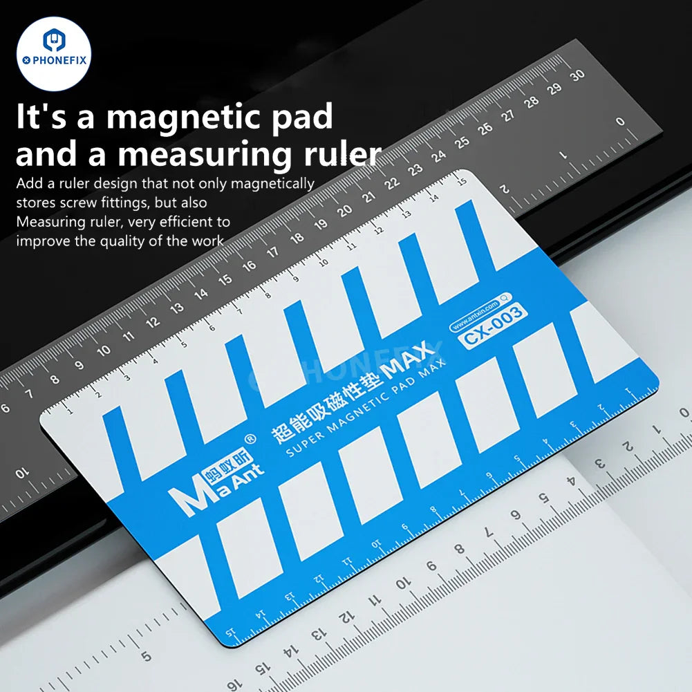 Phonefix MaAnt CX-003 magnetic screw storage pad with measuring ruler in a compact storage box, ideal for organizing small hardware.