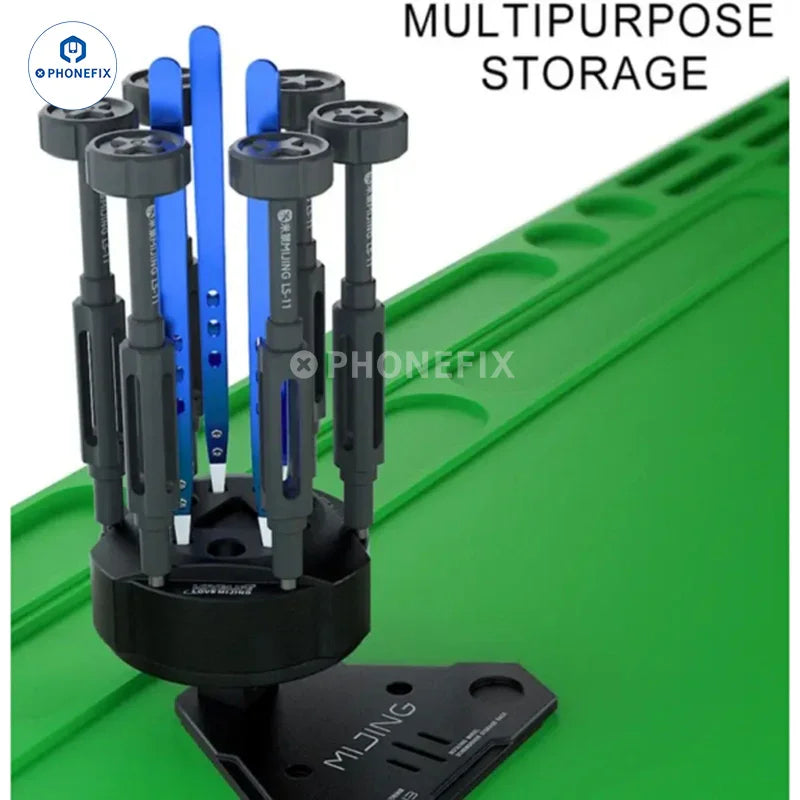 El soporte para destornilladores con rueda giratoria y pinzas PhoneFix MIJING SN-13 viene en una caja de almacenamiento compacta, organizada y lista para usar.