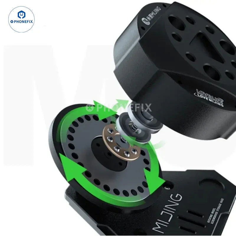 PhoneFix MIJING SN-13 rotating wheel screwdriver and tweezers storage rack in a compact storage box with organized compartments