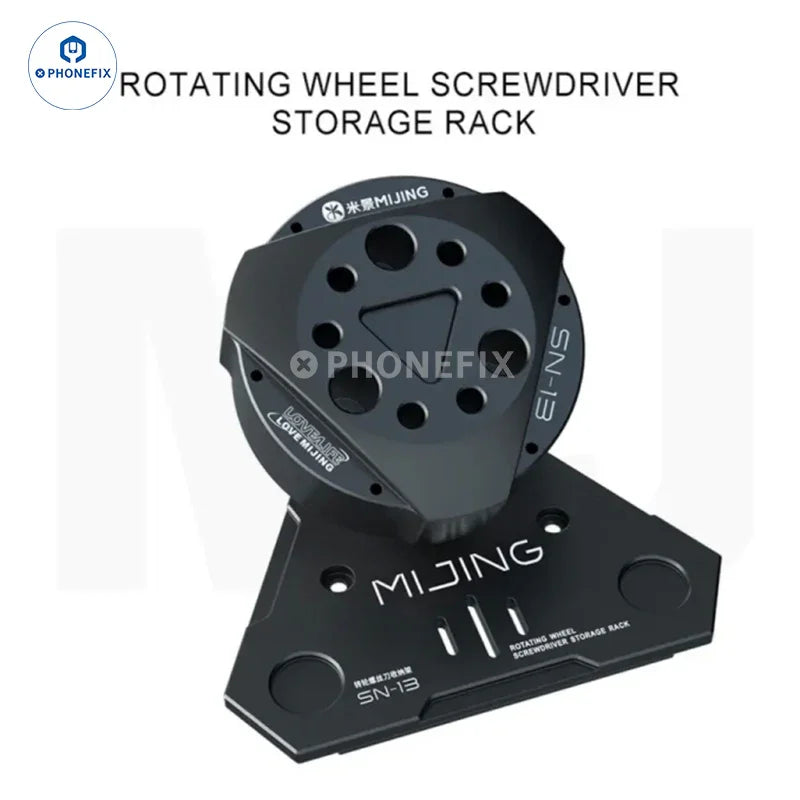 MIJING SN-13 rotating wheel screwdriver tweezers storage rack in a clear plastic box for organizing small tools and accessories
