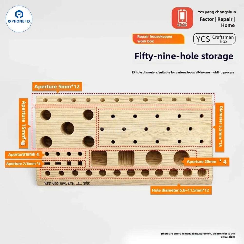 PHONEFIX YCS 59-in-1 wooden storage box with screwdriver and tweezer tools organizer showing compartments and tools inside.
