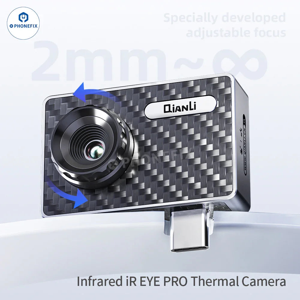 QianLi Fire Eye Pro infrared thermal imaging camera by PHONEFIX showing a technician inspecting electronic PCB faults with thermal heat signatures.