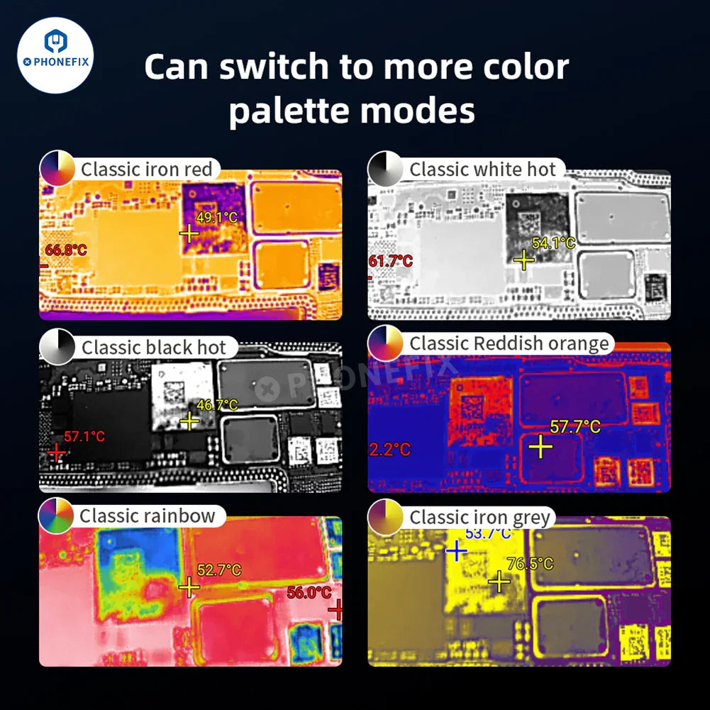QianLi Fire Eye Pro infrared thermal camera used for PCB fault diagnosis, showing thermal images of electronic circuit boards.
