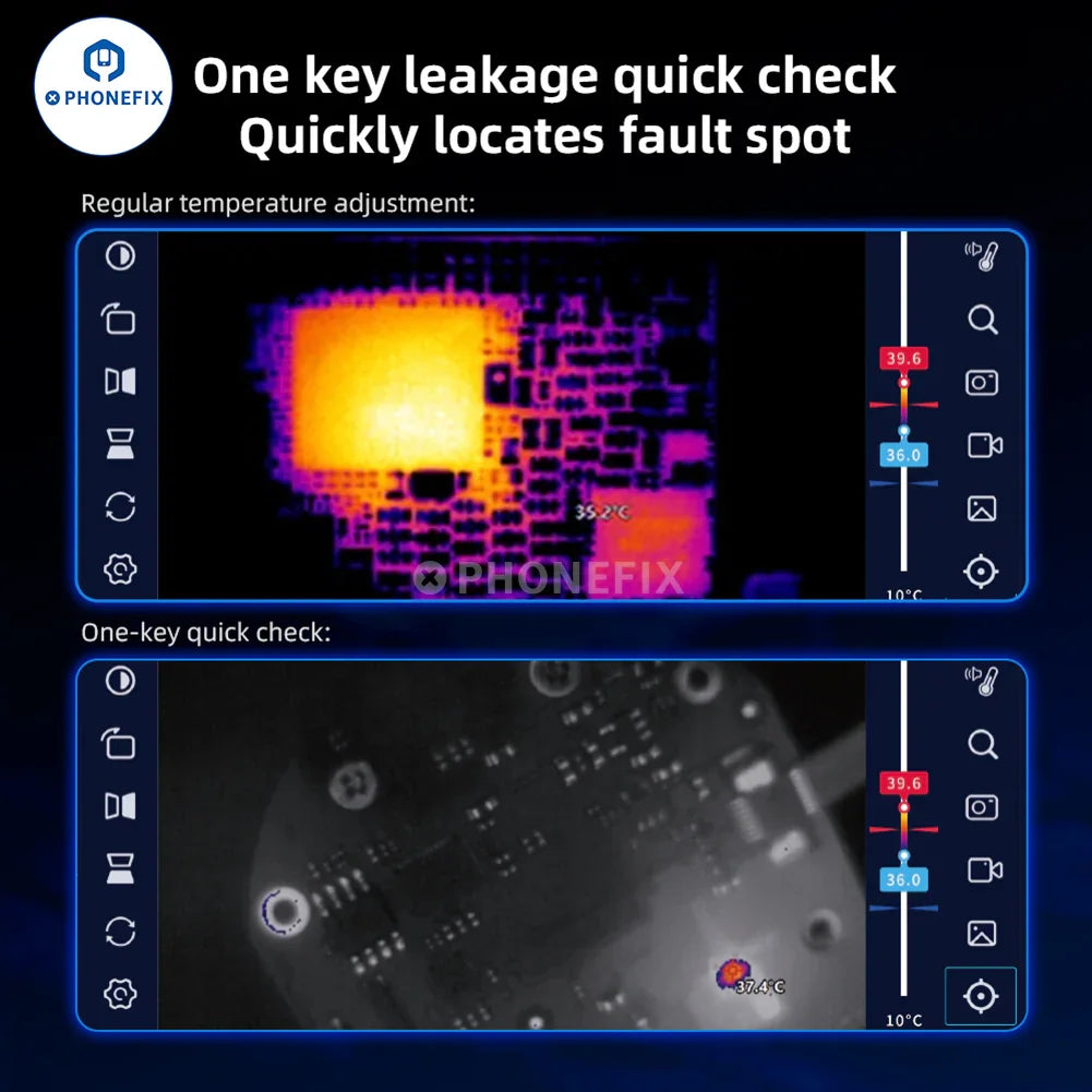 QianLi Fire Eye Pro infrared thermal camera by PHONEFIX showing thermal image of electronic circuit board with heat patterns