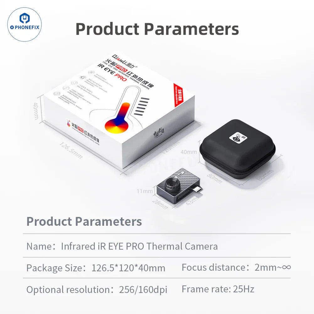 PHONEFIX QianLi Fire Eye Pro infrared thermal imaging camera showing PCB thermal faults for fault diagnosis.