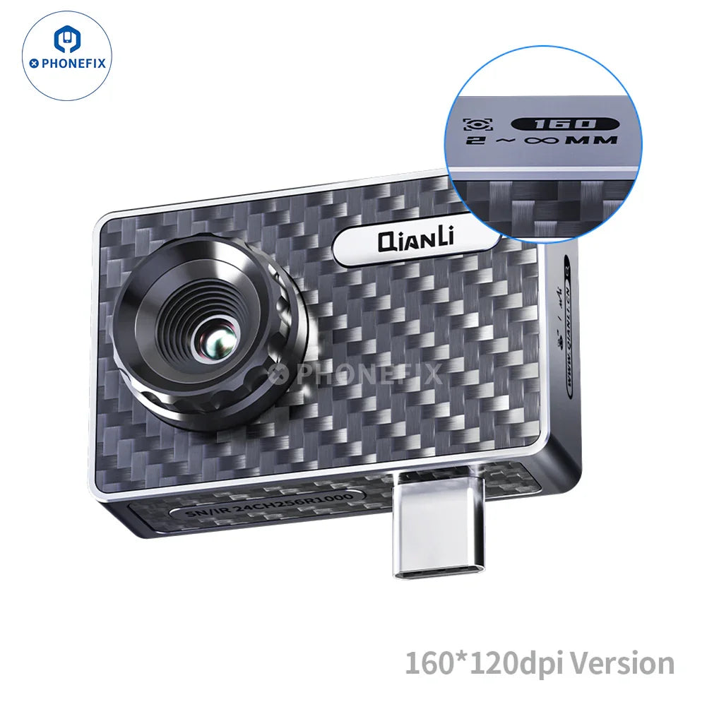QianLi Fire Eye Pro infrared thermal camera by PHONEFIX showing thermal imaging of electronic circuit board for fault diagnosis.