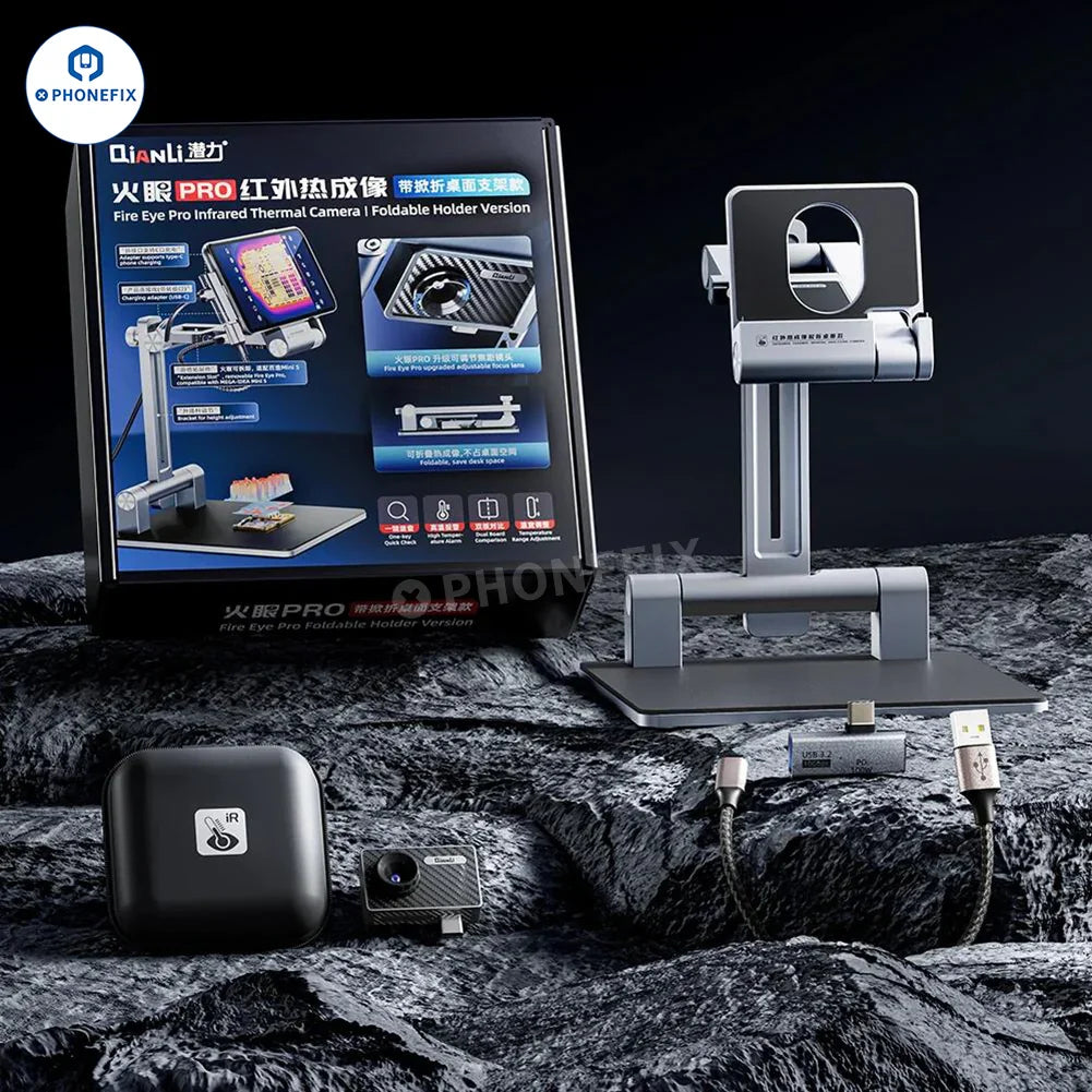 QianLi Fire Eye Pro infrared thermal camera showing thermal imaging of a PCB for fault diagnosis, by PHONEFIX.