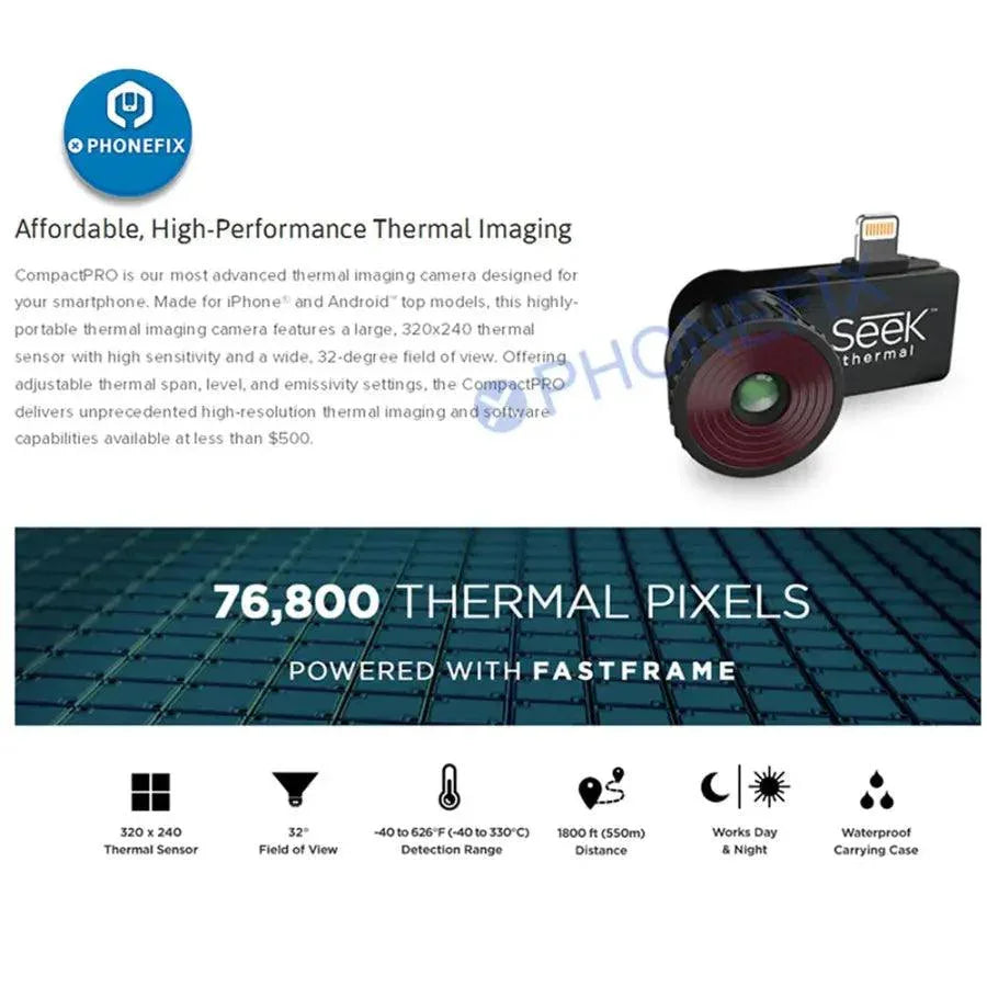 Seek Compact Thermal Camera by PHONEFIX for iOS and Android, used for PCB repair detection with thermal imaging technology.