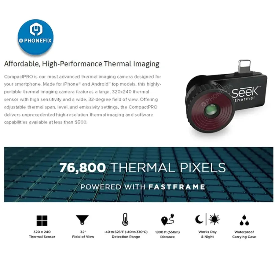 Seek Compact Pro thermal imaging camera for phone PCB repair, with night vision for detailed thermal inspection.