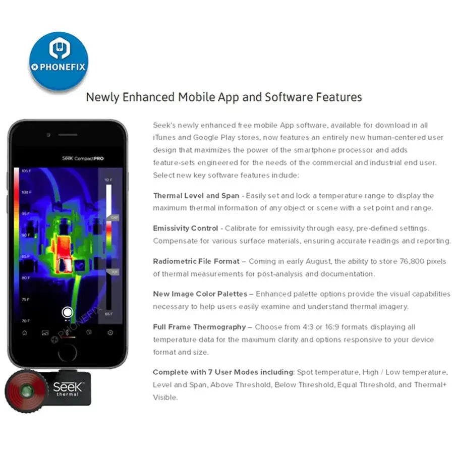 Seek Compact Pro thermal imaging camera for phone PCB repair, showing device with night vision capability and compact design.